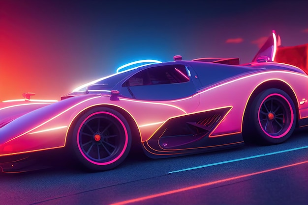 Futuristic retro wave synth wave car Retro sport car with neon backlight contours