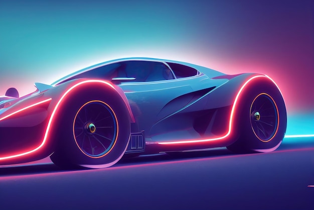 Futuristic retro wave synth wave car Retro sport car with neon backlight contours