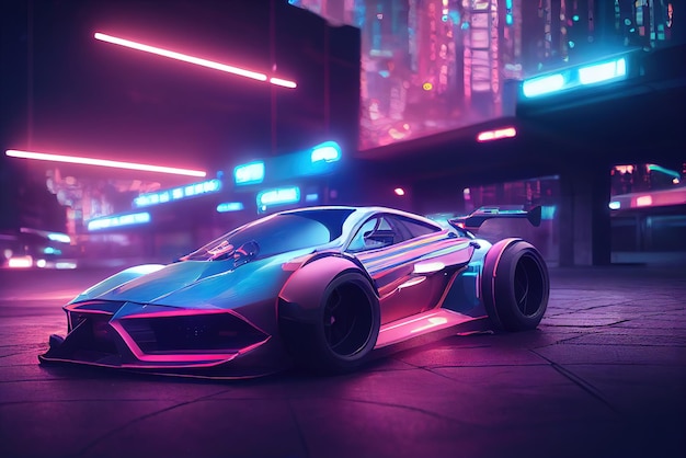 Futuristic retro wave synth wave car Retro sport car with neon backlight contours