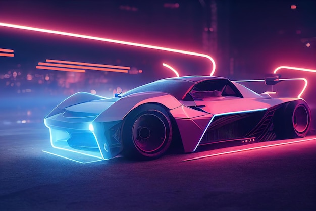 Futuristic retro wave synth wave car Retro sport car with neon backlight contours