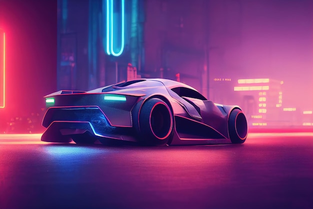 Futuristic retro wave synth wave car Retro sport car with neon backlight contours