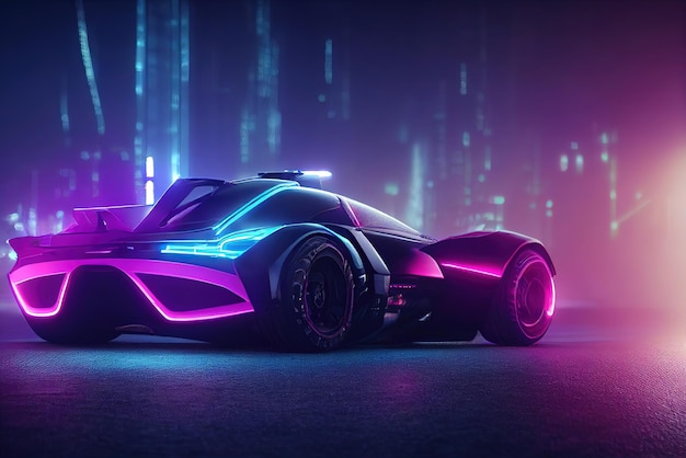 Futuristic retro wave synth wave car Retro sport car with neon backlight contours