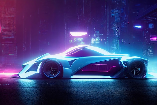 Futuristic retro wave synth wave car Retro sport car with neon backlight contours