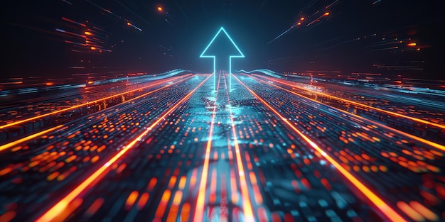 Photo futuristic road with glowing lines and an illuminated arrow ai generated illustration