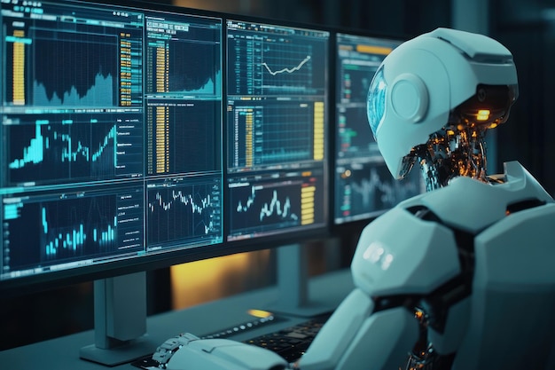 Photo a futuristic robot analyzing financial data on multiple monitors