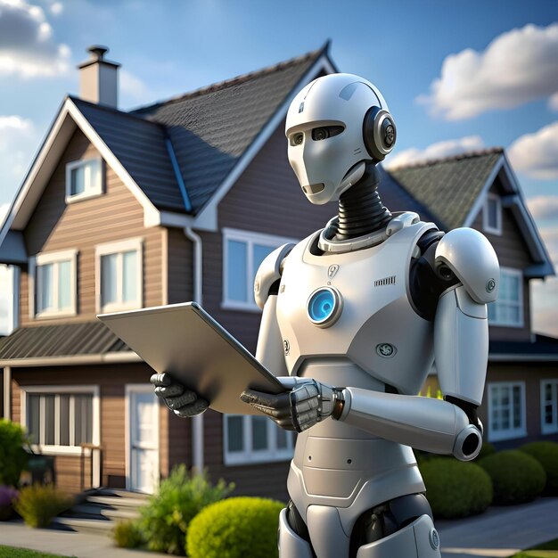 A futuristic robot appraiser stands in front of a house holding a tablet ready to assess its value with cutting edge technology