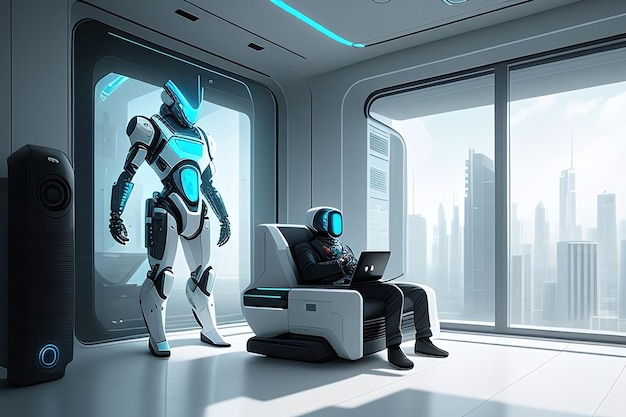 A futuristic robot assistant interacts with a person in a modern living room