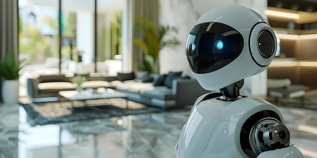 Futuristic robot assistant in a modern upscale home setting Concept Modern Interiors Futuristic Technology Luxury Lifestyle Smart Home Design Scifi Innovation