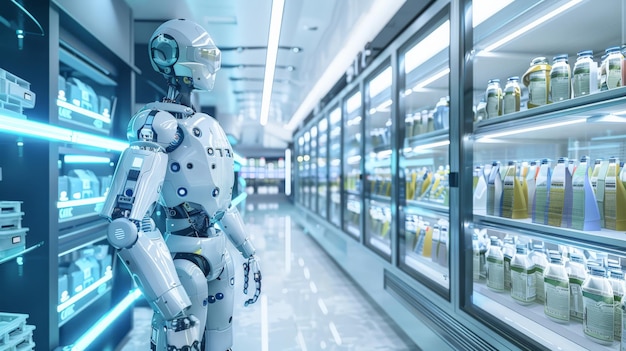 Futuristic robot assisting in a modern supermarket aisle shopping concept Technology in retail