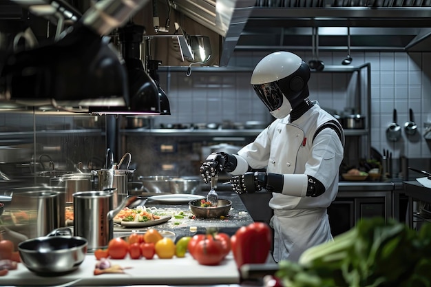 Photo futuristic robot chef cooking in a modern commercial kitchen environment