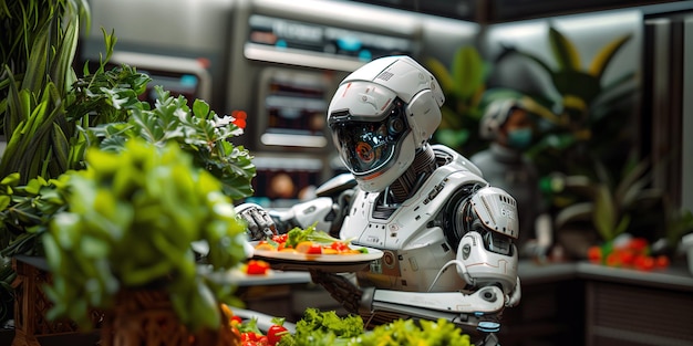 A futuristic robot chef preparing a gourmet meal in a hightech kitchen