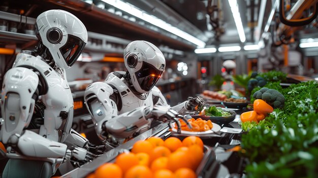 A futuristic robot chefs working in a hightech kitchen