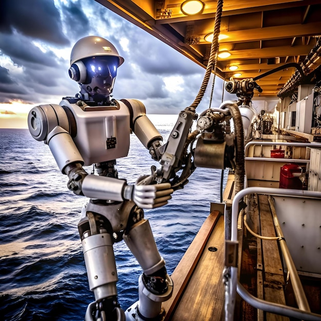 Photo a futuristic robot clad in metallic armor stands confidently on a ship deck