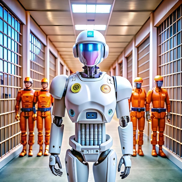 A futuristic robot clad in white armor stands confidently in a sterile hallway watched by two robotic guards