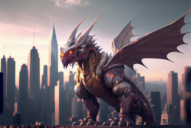 Futuristic robot cyborg dragon watching over the city Generative AI