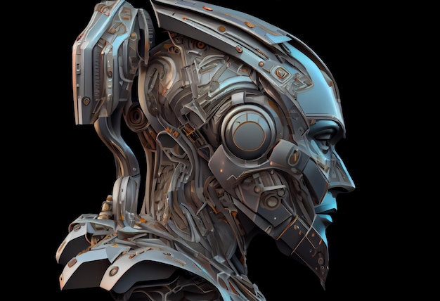 Futuristic robot or cyborg head in profile Isolated on black background Generate Ai