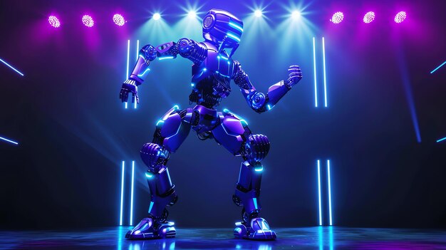 Photo a futuristic robot dances on a stage with blue and purple lighting