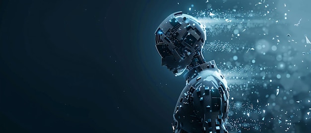 Futuristic Robot Disintegrating Into Digital Particles