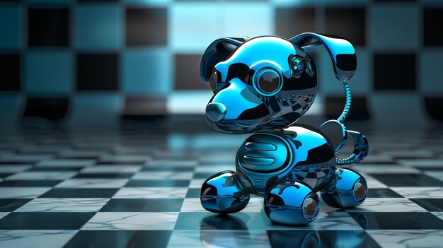 Photo a futuristic robot dog with shiny blue metal finish stands on a black and white checkerboard floor