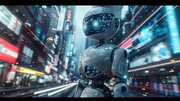 Futuristic Robot in a Dynamic Cityscape with Holographic Advertisements and Data Streams