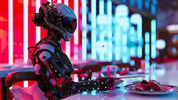 Futuristic Robot Enjoying a Meal in a Neon Lit Restaurant