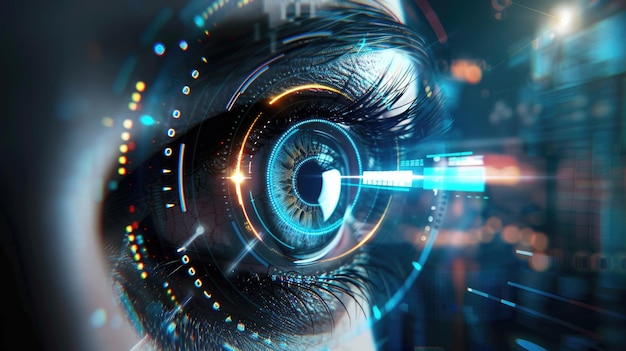 Futuristic robot eye technology blue digital iris