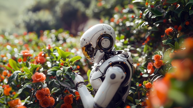 Futuristic robot gardener caring for flowering plants in the gardenxA