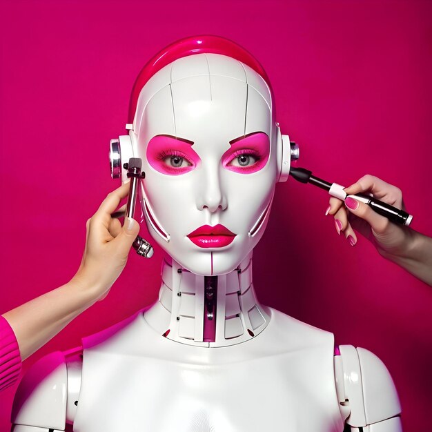 Photo a futuristic robot gets a makeover with bold pink makeup