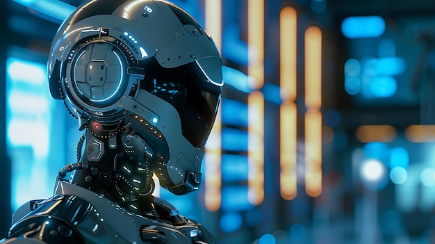 Futuristic Robot Head with Glowing Lights in a Cyberspace Setting