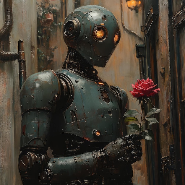 futuristic robot holding red rose delicate technology meets love emotional cyberpunk art