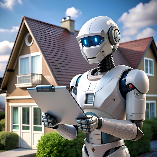 A futuristic robot inspector stands in front of a house holding a clipboard ready to perform a thorough assessment