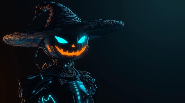 Photo futuristic robot is wearing a witch hat with glowing eyes and mouth celebrating halloween the robot has a sleek black design and is illuminated by neon blue lights