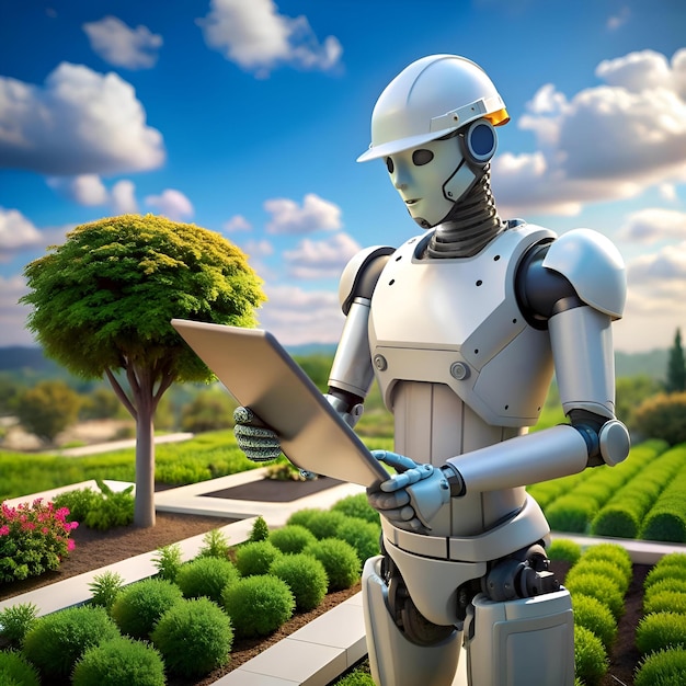 A futuristic robot landscape architect with a tablet device showcasing the possibilities of AI in the design of urban green spaces