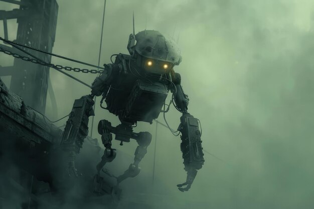 Photo futuristic robot in misty landscape