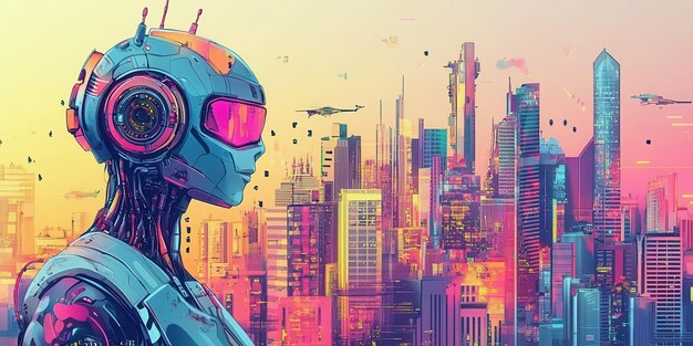 A futuristic robot overlooking a vibrant city skyline showcasing advanced technology and neon colors at sunset