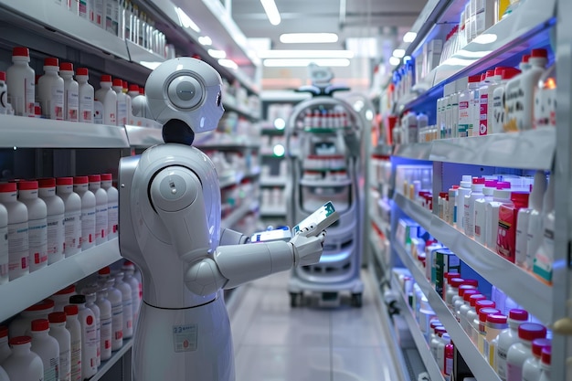 Photo futuristic robot in a pharmacy scans medication assisting with precise and efficient drug dispensing showcasing automation in healthcare