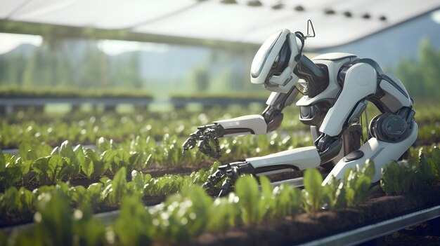 Photo futuristic robot plants crops in a field uhd wallpaper