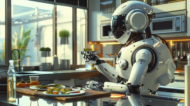 A futuristic robot serves food in a modern kitchen