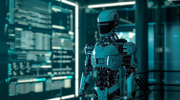 Futuristic Robot Standing in Front of a Digital Interface