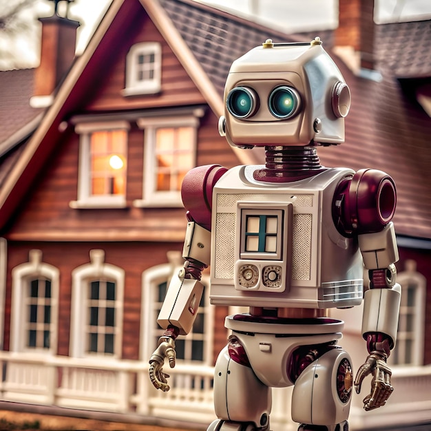 A futuristic robot standing in front of a house symbolizing the automation of real estate processes