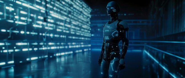 Futuristic robot standing in a virtual space with glowing blue light trails