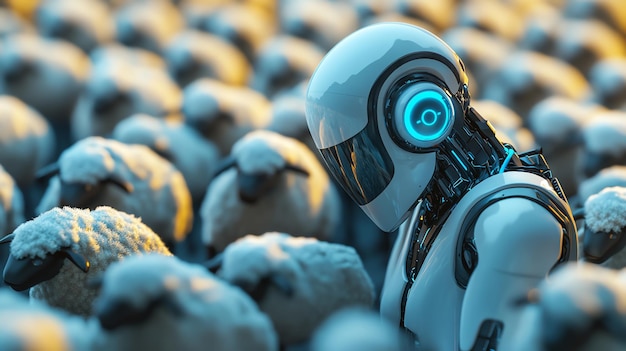 Photo a futuristic robot stands amongst a crowd of sheep looking out of place