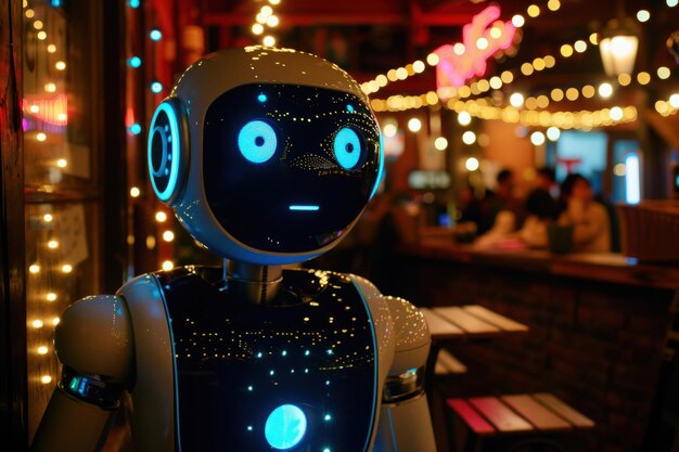 A futuristic robot stands at a bar observing the bustling evening crowd