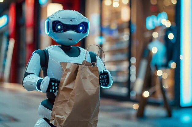 A futuristic robot stands on a bustling city street holding a shopping bag filled with purchases