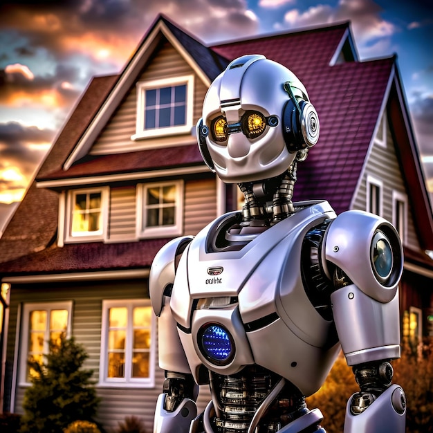 A futuristic robot stands confidently in front of a suburban house symbolizing the future of real estate