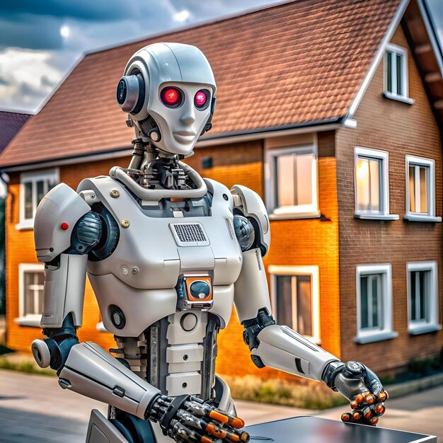 A futuristic robot stands in front of a suburban home representing the automation of property management and real estate