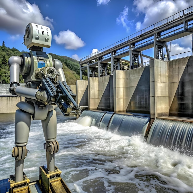 Photo a futuristic robot stands guard at a hydroelectric dam showcasing the intersection of advanced technology and renewable energy