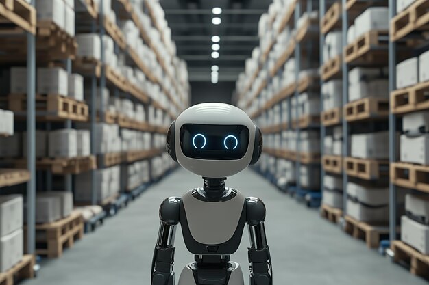 A futuristic robot stands in the middle of a warehouse with rows of pallets and boxes