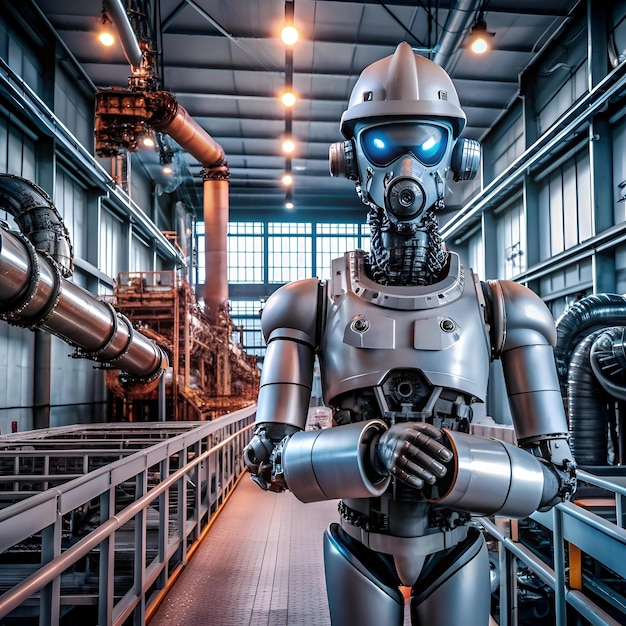 A futuristic robot stands in a power plant its metallic body gleaming under the harsh lights