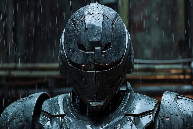 A futuristic robot stands in a rainy industrial setting